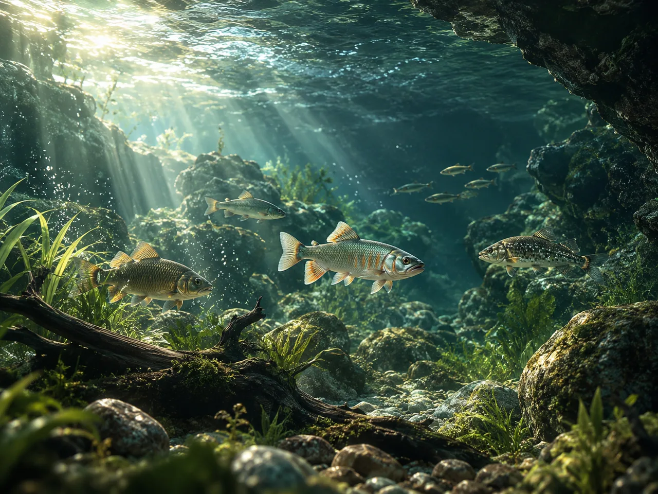 鱼群在水下水族箱中巡游的概念图